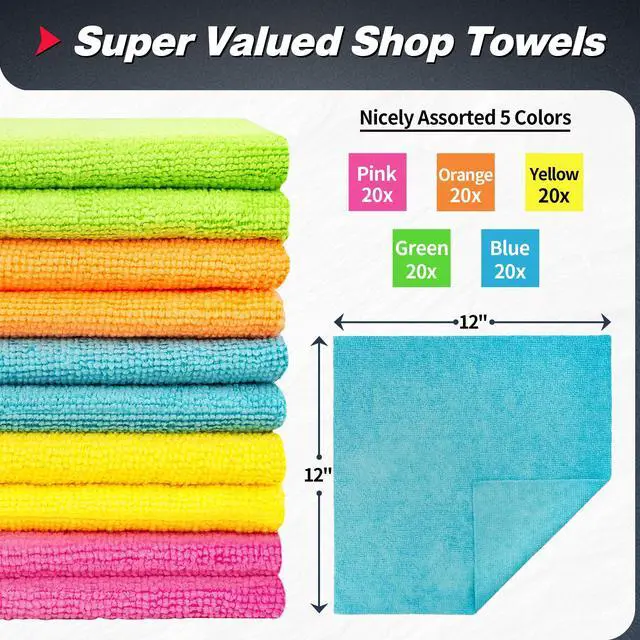 Alt view image 2 of 7 - Microfiber Cleaning Cloth, 100 Pack Shop Towels, Micro Fiber Cloth for Cleaning Car, All-Purpose Absorbent Cleaning Rags for Housekeeping, Dust Cloth for Office, Car Wash Towels, 12inx12in