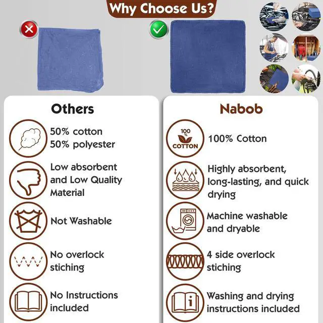Alt view image 5 of 7 - Shop Towels 50 Pack Cotton Rags Size 14"x14" Commercial Grade (50 Pack, Blue)