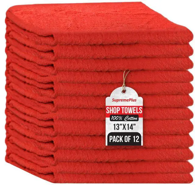 Main image of Premium Red 100% Cotton Shop Towels, 12 Pack, 13x14, Reusable Cleaning Shop Rags, Absorbent Mechanic Rags for Automobiles, Oil, Grease, Car Washing, Industries, Garage, Bar, and Home Use
