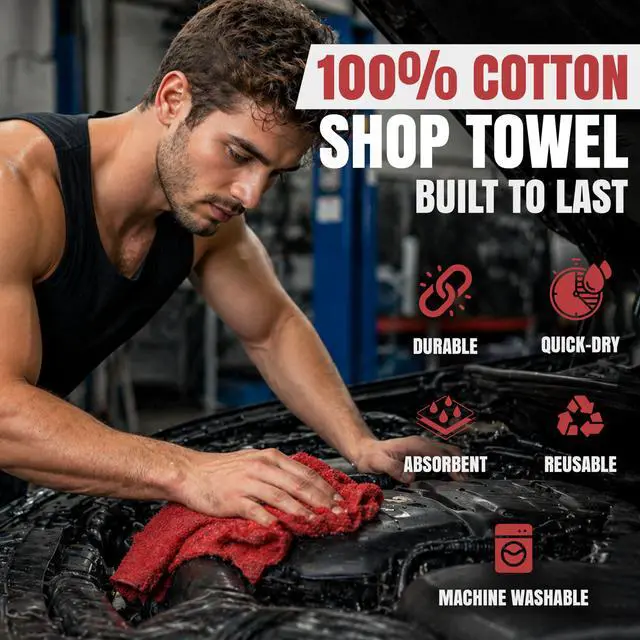 Alt view image 2 of 7 - Premium Red 100% Cotton Shop Towels, 12 Pack, 13x14, Reusable Cleaning Shop Rags, Absorbent Mechanic Rags for Automobiles, Oil, Grease, Car Washing, Industries, Garage, Bar, and Home Use