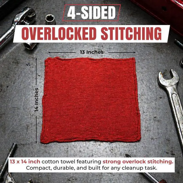 Alt view image 4 of 7 - Premium Red 100% Cotton Shop Towels, 12 Pack, 13x14, Reusable Cleaning Shop Rags, Absorbent Mechanic Rags for Automobiles, Oil, Grease, Car Washing, Industries, Garage, Bar, and Home Use
