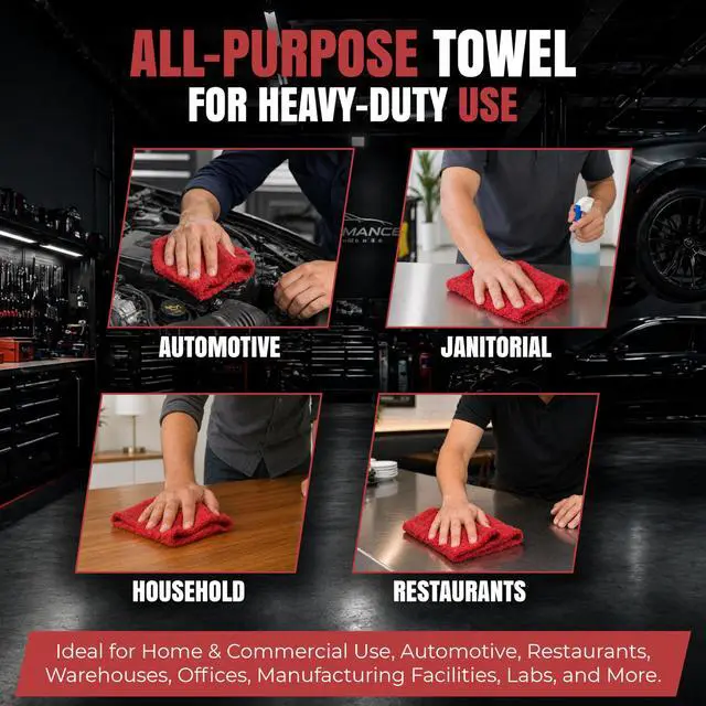 Alt view image 3 of 7 - Premium Red 100% Cotton Shop Towels, 12 Pack, 13x14, Reusable Cleaning Shop Rags, Absorbent Mechanic Rags for Automobiles, Oil, Grease, Car Washing, Industries, Garage, Bar, and Home Use