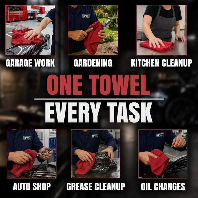 Alt view image 5 of 7 - Premium Red 100% Cotton Shop Towels, 12 Pack, 13x14, Reusable Cleaning Shop Rags, Absorbent Mechanic Rags for Automobiles, Oil, Grease, Car Washing, Industries, Garage, Bar, and Home Use