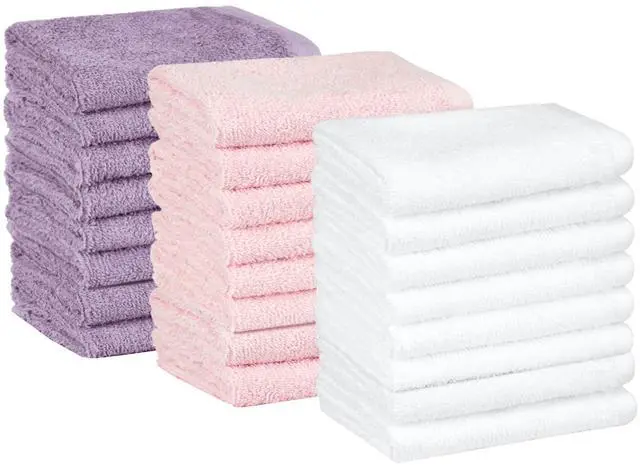 Main image of Highly Absorbent, Fast Drying 100% Cotton Washcloths for Bathroom and Face, Machine Washable, 12 x 12 in, Petal Pink, Lavender, White, 24-Pack