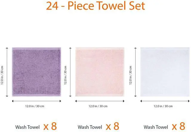 Alt view image 2 of 5 - Highly Absorbent, Fast Drying 100% Cotton Washcloths for Bathroom and Face, Machine Washable, 12 x 12 in, Petal Pink, Lavender, White, 24-Pack