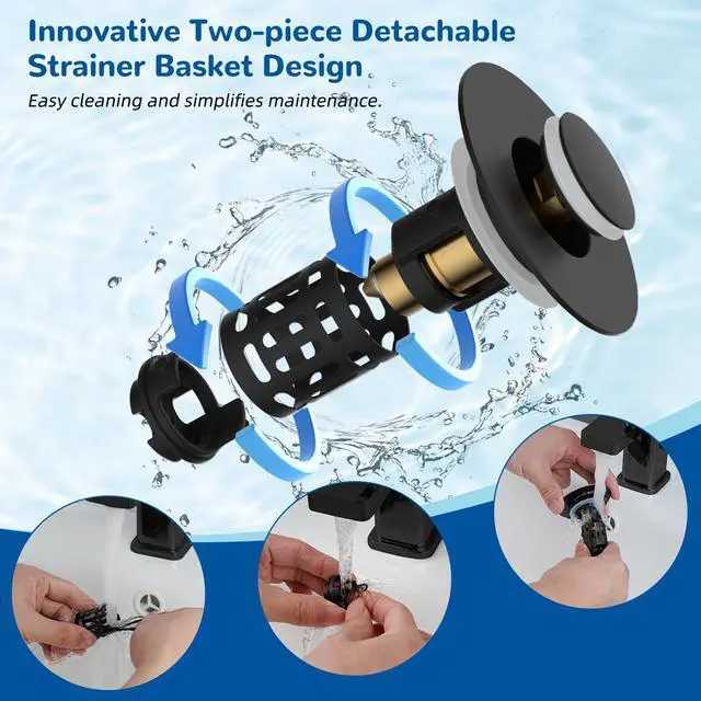 Alt view image 4 of 7 - Upgraded 3 in 1 Bathroom Sink Drain Strainer, Universal Pop Up Stopper, Removable Stainless Steel Filter Basket Hair Catcher, Sink Plug for 1.1''~2.36'' Basin, Brass Bullet Core, Matte Black