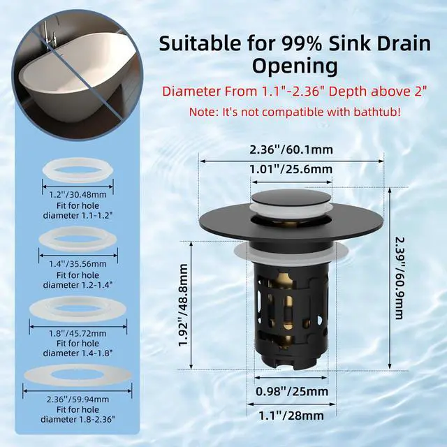 Alt view image 7 of 7 - Upgraded 3 in 1 Bathroom Sink Drain Strainer, Universal Pop Up Stopper, Removable Stainless Steel Filter Basket Hair Catcher, Sink Plug for 1.1''~2.36'' Basin, Brass Bullet Core, Matte Black