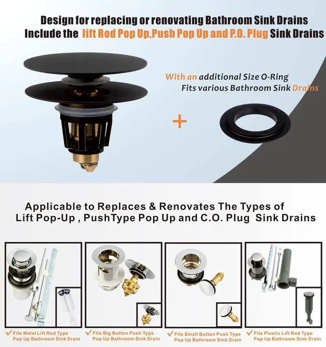 Alt view image 2 of 7 - Universal Bathroom Sink Drain Stopper, Fits Most Pop-Up Drains for Vessel Sink Lavatory Vanity, Sink Drain Strainer with Detachable Hair Catcher, Tested by Plumber in US (MATT Black)