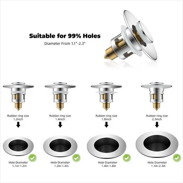 Alt view image 2 of 7 - All Metal Universal Bathroom Sink Stopper for 1.1''~2.3'' Basin, Pop Up Sink Drain Strainer, Brass Bullet Core Push Type Stopper, Stainless Steel Anti Clogging Drain Filter, Chrome