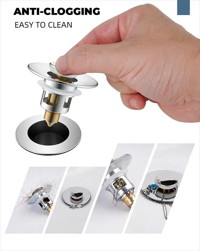 Alt view image 3 of 7 - All Metal Universal Bathroom Sink Stopper for 1.1''~2.3'' Basin, Pop Up Sink Drain Strainer, Brass Bullet Core Push Type Stopper, Stainless Steel Anti Clogging Drain Filter, Chrome