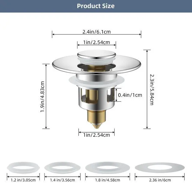 Alt view image 4 of 7 - All Metal Universal Bathroom Sink Stopper for 1.1''~2.3'' Basin, Pop Up Sink Drain Strainer, Brass Bullet Core Push Type Stopper, Stainless Steel Anti Clogging Drain Filter, Chrome