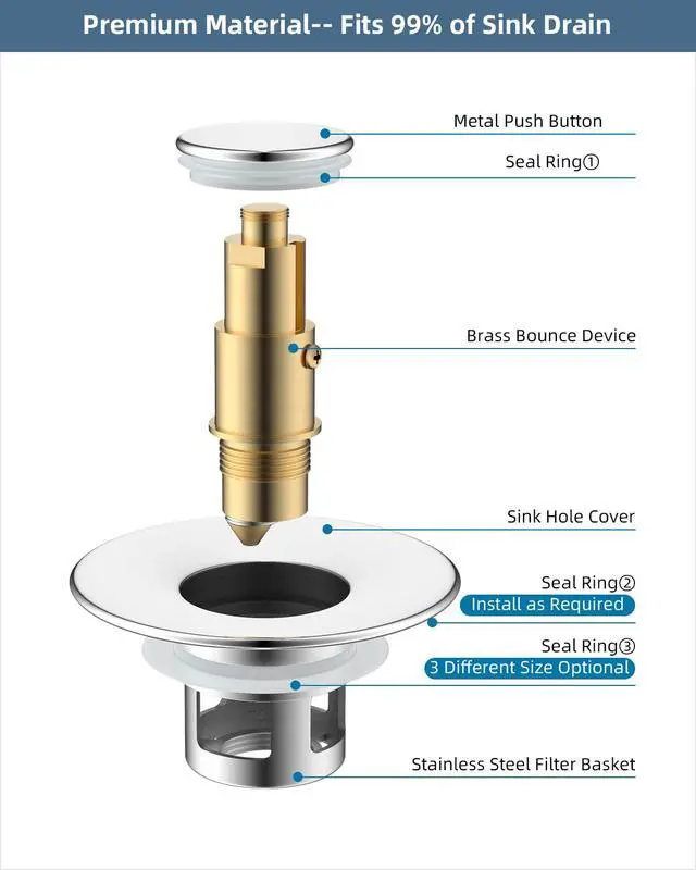 Alt view image 5 of 7 - All Metal Universal Bathroom Sink Stopper for 1.1''~2.3'' Basin, Pop Up Sink Drain Strainer, Brass Bullet Core Push Type Stopper, Stainless Steel Anti Clogging Drain Filter, Chrome