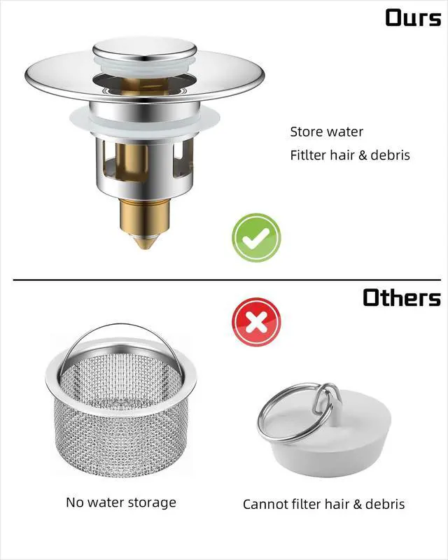 Alt view image 6 of 7 - All Metal Universal Bathroom Sink Stopper for 1.1''~2.3'' Basin, Pop Up Sink Drain Strainer, Brass Bullet Core Push Type Stopper, Stainless Steel Anti Clogging Drain Filter, Chrome
