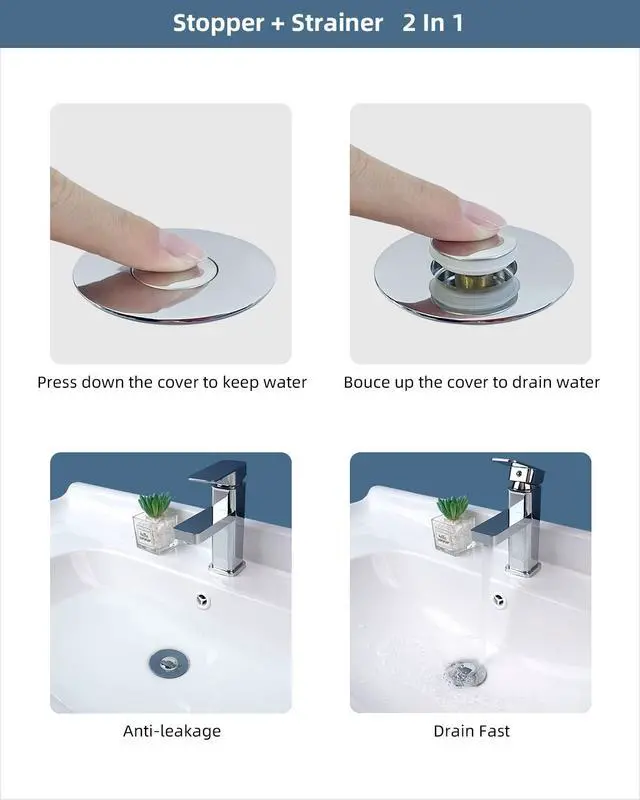 Alt view image 7 of 7 - All Metal Universal Bathroom Sink Stopper for 1.1''~2.3'' Basin, Pop Up Sink Drain Strainer, Brass Bullet Core Push Type Stopper, Stainless Steel Anti Clogging Drain Filter, Chrome