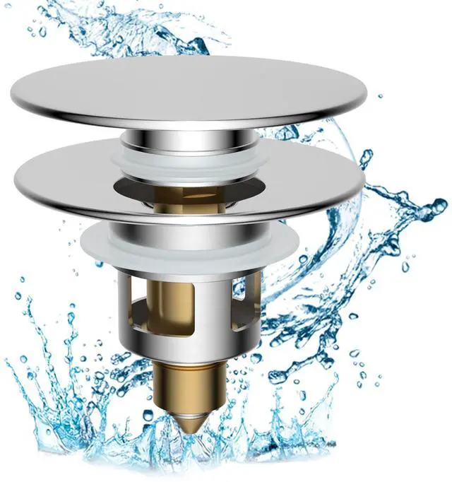 Main image of All Metal 2 in 1 Bathroom Sink Stopper, Universal Pop Up Drain Strainer, Brass Bullet Core Push Type Sink Stopper for 1.1''~2.3'' Basin, Big Push Button, Anti Clogging Drain Filter, Chrome