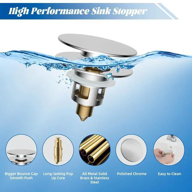 Alt view image 2 of 7 - All Metal 2 in 1 Bathroom Sink Stopper, Universal Pop Up Drain Strainer, Brass Bullet Core Push Type Sink Stopper for 1.1''~2.3'' Basin, Big Push Button, Anti Clogging Drain Filter, Chrome