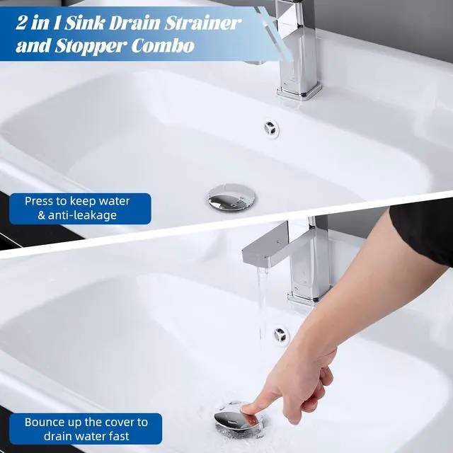 Alt view image 3 of 7 - All Metal 2 in 1 Bathroom Sink Stopper, Universal Pop Up Drain Strainer, Brass Bullet Core Push Type Sink Stopper for 1.1''~2.3'' Basin, Big Push Button, Anti Clogging Drain Filter, Chrome