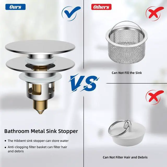 Alt view image 5 of 7 - All Metal 2 in 1 Bathroom Sink Stopper, Universal Pop Up Drain Strainer, Brass Bullet Core Push Type Sink Stopper for 1.1''~2.3'' Basin, Big Push Button, Anti Clogging Drain Filter, Chrome