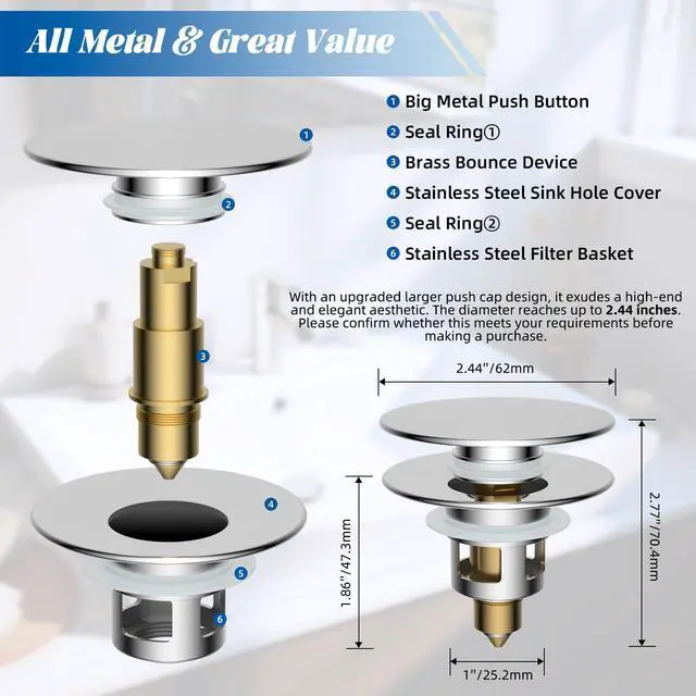 Alt view image 6 of 7 - All Metal 2 in 1 Bathroom Sink Stopper, Universal Pop Up Drain Strainer, Brass Bullet Core Push Type Sink Stopper for 1.1''~2.3'' Basin, Big Push Button, Anti Clogging Drain Filter, Chrome