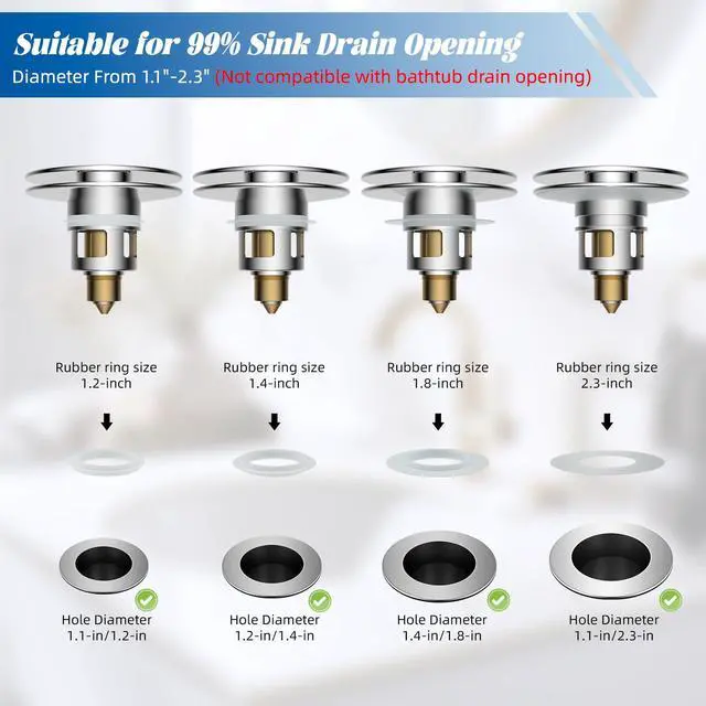 Alt view image 7 of 7 - All Metal 2 in 1 Bathroom Sink Stopper, Universal Pop Up Drain Strainer, Brass Bullet Core Push Type Sink Stopper for 1.1''~2.3'' Basin, Big Push Button, Anti Clogging Drain Filter, Chrome