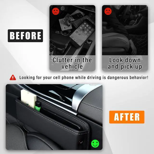 Alt view image 4 of 6 - Car Seat Gap Organizer, Premium Leather Auto Seat Storage Box, Vehicle Adjustable Front Seat Gap Filler, Car Seat Side Pocket Organizer for Phones, Glasses, Keys, Money, Cards (Black)
