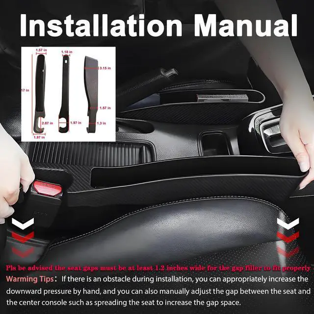 Alt view image 2 of 7 - 2 PCS Car Seat Gap Filler, Seat Gap Filler with Black-Carbon Fiber Texture for Cars SUV Trucks, Console Side Gap Organizer Storage Box with Charge Cable Hole, Fit for 1.2 Inches Seat Console Gap