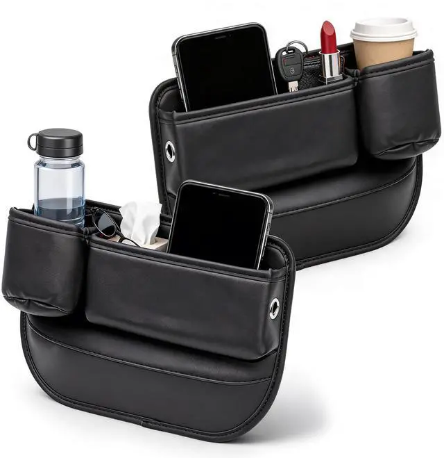 Main image of Car Leather Cup Holder Gap Bag, New Car Seat Gap Filler Organizer with Cup Holders, Console Organizer for Phone, Keys and Small Items, Universal Fit Essentials for SUV, Truck & Sedan (2pc)