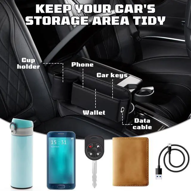 Alt view image 2 of 7 - Car Leather Cup Holder Gap Bag, New Car Seat Gap Filler Organizer with Cup Holders, Console Organizer for Phone, Keys and Small Items, Universal Fit Essentials for SUV, Truck & Sedan (2pc)
