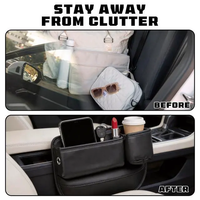 Alt view image 5 of 7 - Car Leather Cup Holder Gap Bag, New Car Seat Gap Filler Organizer with Cup Holders, Console Organizer for Phone, Keys and Small Items, Universal Fit Essentials for SUV, Truck & Sedan (2pc)