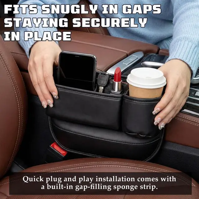 Alt view image 6 of 7 - Car Leather Cup Holder Gap Bag, New Car Seat Gap Filler Organizer with Cup Holders, Console Organizer for Phone, Keys and Small Items, Universal Fit Essentials for SUV, Truck & Sedan (2pc)