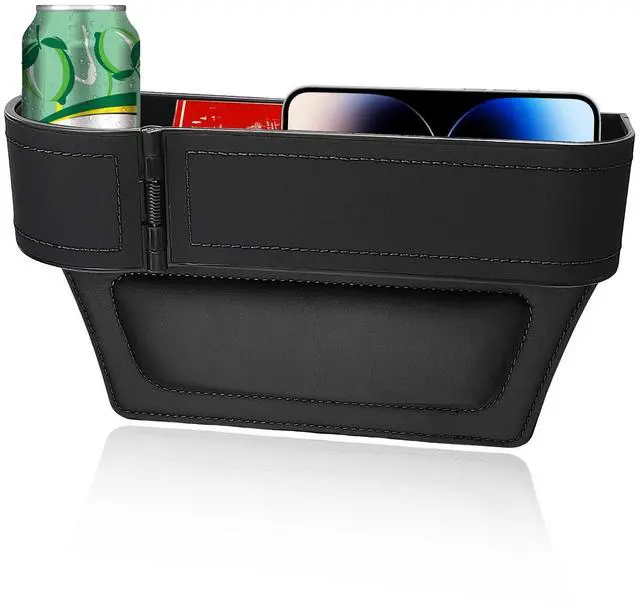 Main image of Car Seat Gap Filler Organizer, Auto Leather Seat Organizer with Adjustable Cup Holder, Multifunctional Side Insert Center Console Storage Box for Phone Drink Sunglasses (Black)