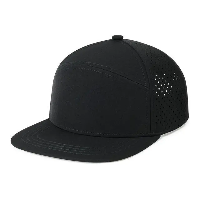 Alt view image 2 of 6 - Men Flat Brim Adjustable Performance Hat Snapback Laser Perforated Baseball Cap (Black)