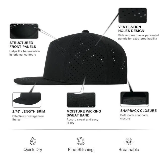 Alt view image 3 of 6 - Men Flat Brim Adjustable Performance Hat Snapback Laser Perforated Baseball Cap (Black)
