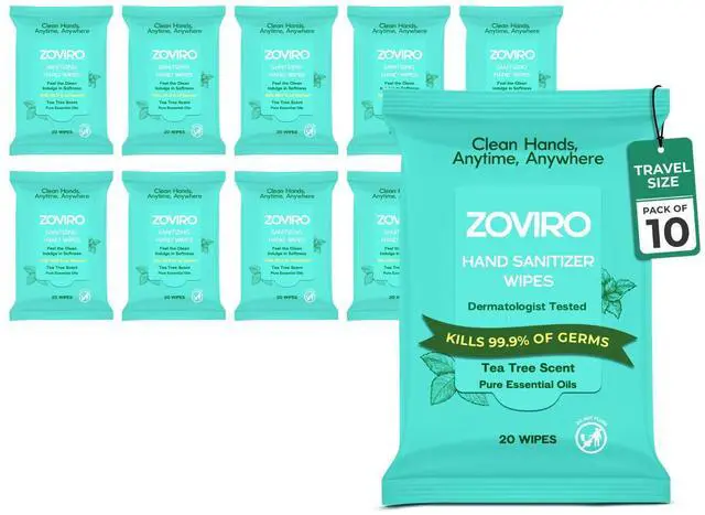 Main image of Hand Sanitizer Wipes, Moisturizing With Tea Tree Essential Oil, Ultra-Soft 100% Viscose, Hand Wipes Travel Size, Tea Tree Scent, 20 Count (Pack of 10)