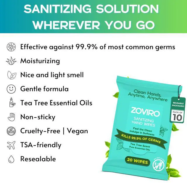 Alt view image 2 of 7 - Hand Sanitizer Wipes, Moisturizing With Tea Tree Essential Oil, Ultra-Soft 100% Viscose, Hand Wipes Travel Size, Tea Tree Scent, 20 Count (Pack of 10)