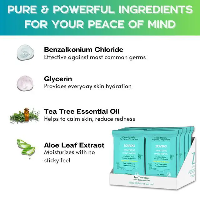 Alt view image 3 of 7 - Hand Sanitizer Wipes, Moisturizing With Tea Tree Essential Oil, Ultra-Soft 100% Viscose, Hand Wipes Travel Size, Tea Tree Scent, 20 Count (Pack of 10)