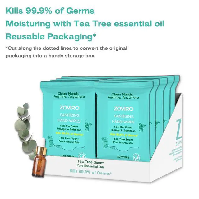 Alt view image 7 of 7 - Hand Sanitizer Wipes, Moisturizing With Tea Tree Essential Oil, Ultra-Soft 100% Viscose, Hand Wipes Travel Size, Tea Tree Scent, 20 Count (Pack of 10)