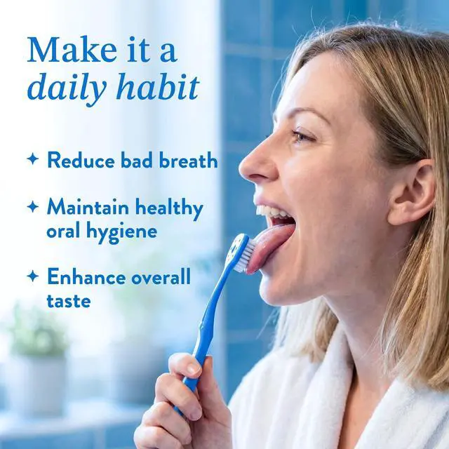 Alt view image 5 of 7 - Soft Bristle Tongue Brush for Adults for Bad Breath, Halitosis & Oral Hygiene - Tongue Scraper Brush with Ergonomic Handle & Protective Cap for Easy Storage & Travel - 2 Pack