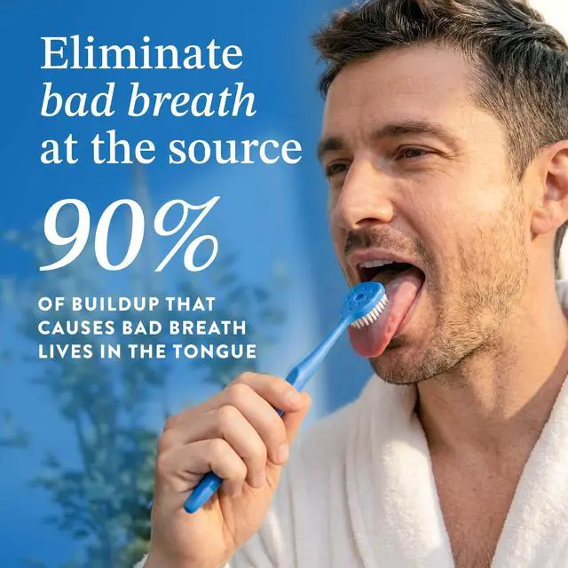 Alt view image 2 of 7 - Soft Bristle Tongue Brush for Adults for Bad Breath, Halitosis & Oral Hygiene - Tongue Scraper Brush with Ergonomic Handle & Protective Cap for Easy Storage & Travel - 2 Pack
