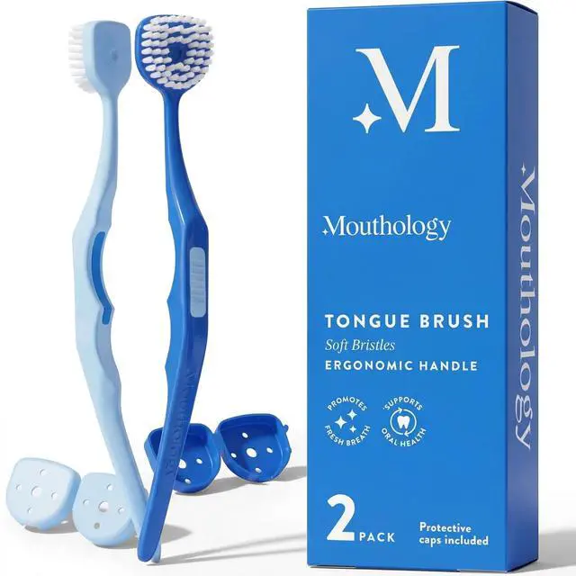 Main image of Soft Bristle Tongue Brush for Adults for Bad Breath, Halitosis & Oral Hygiene - Tongue Scraper Brush with Ergonomic Handle & Protective Cap for Easy Storage & Travel - 2 Pack
