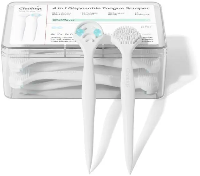 Main image of Disposable Tongue Scraper for Adults 20 Count, 4-in-1 Portable Pre-Pasted Tongue Cleaner Brush with Toothpick for Travel, On-the-Go Oral Care Helps Remove Bad Breath, Mint