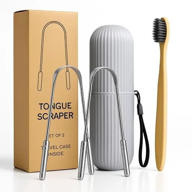Main image of Tongue Scraper Set Cleaner Kit with Bamboo Toothbrush with Charcoal Bristles & Travel Case Daily Oral Hygiene Tool for Men & Women (Stainless Steel, 2 - Pack),Reduce Bad Breath, Tongue Scrubber