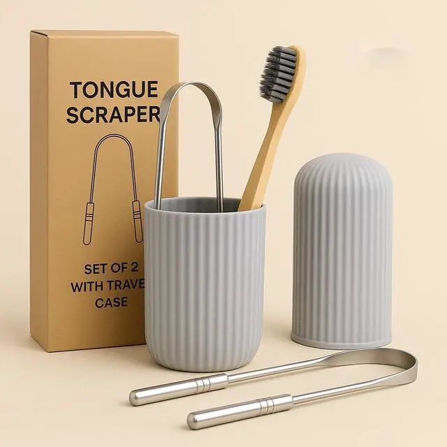 Alt view image 3 of 4 - Tongue Scraper Set Cleaner Kit with Bamboo Toothbrush with Charcoal Bristles & Travel Case Daily Oral Hygiene Tool for Men & Women (Stainless Steel, 2 - Pack),Reduce Bad Breath, Tongue Scrubber