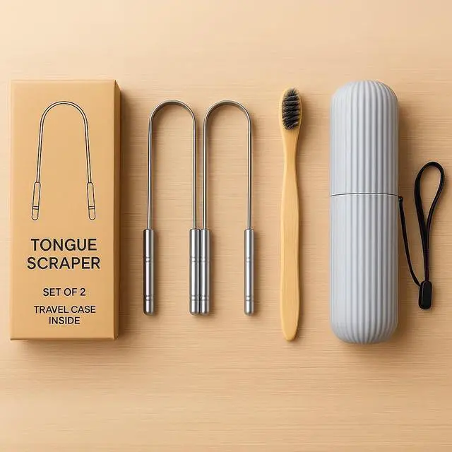 Alt view image 4 of 4 - Tongue Scraper Set Cleaner Kit with Bamboo Toothbrush with Charcoal Bristles & Travel Case Daily Oral Hygiene Tool for Men & Women (Stainless Steel, 2 - Pack),Reduce Bad Breath, Tongue Scrubber