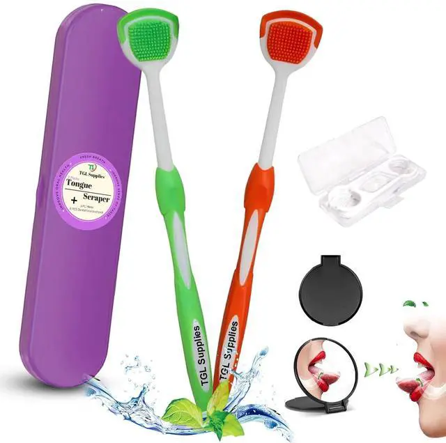 Main image of Tongue Scraper for Adults, 2 Pack BPA-Free Tongue Cleaner with Travel Case, Dental Floss Picks & Mirror, Soft Tongue Cleaning Brush for Fresh Breath & Daily Oral Hygiene, Orange & Green