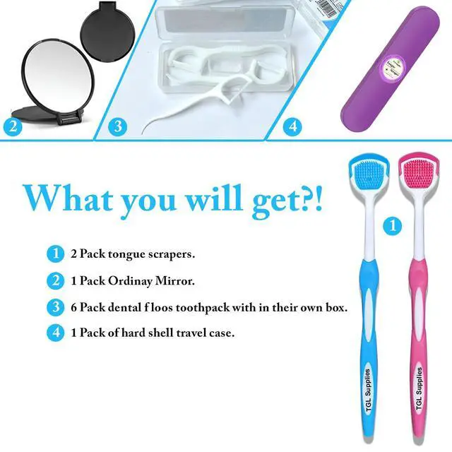 Alt view image 5 of 6 - Tongue Scraper for Adults, 2 Pack BPA-Free Tongue Cleaner with Travel Case, Dental Floss Picks & Mirror, Soft Tongue Cleaning Brush for Fresh Breath & Daily Oral Hygiene, Orange & Green