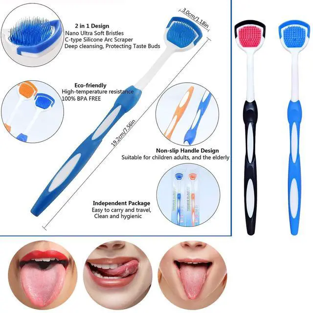 Alt view image 6 of 6 - Tongue Scraper for Adults, 2 Pack BPA-Free Tongue Cleaner with Travel Case, Dental Floss Picks & Mirror, Soft Tongue Cleaning Brush for Fresh Breath & Daily Oral Hygiene, Orange & Green