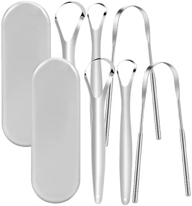 Main image of TC008 Tongue Scraper for Adults 2 Complete Sets (8 Pieces Total) Stainless Steel Tongue Cleaner, Removes White Tongue Coating & Helps Freshen Breath
