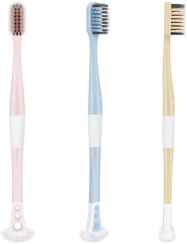 Main image of Extra Soft Toothbrush with Tongue Scraper - Tongue Scrubber with Flossing Bristles for Sensitive Teeth and Gums, Dental Travel Hygiene Brush Fresh Breath for Both Adults and Kids (Pack of 3)