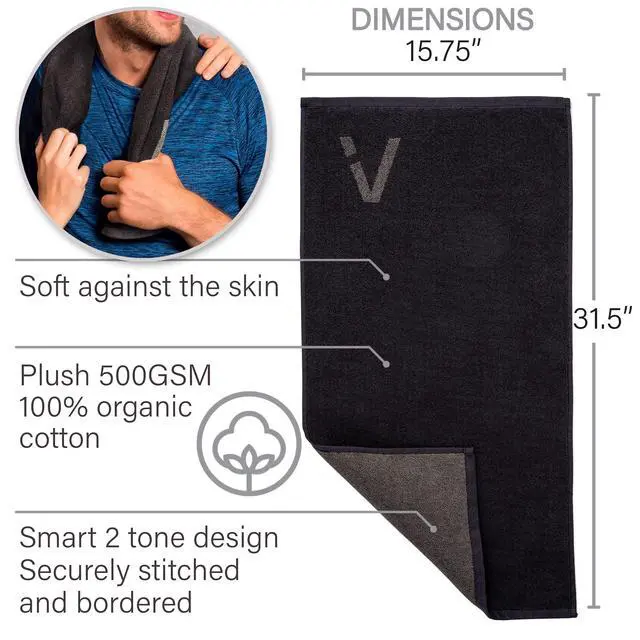Alt view image 2 of 7 - Black Organic Cotton Gym Towel for Men and Women - Silver Infused Sweat Towel, 500 GSM, 31.5"x15.75" - Soft Absorbent Workout Towel for Gym Yoga Sports, Exercise Towel